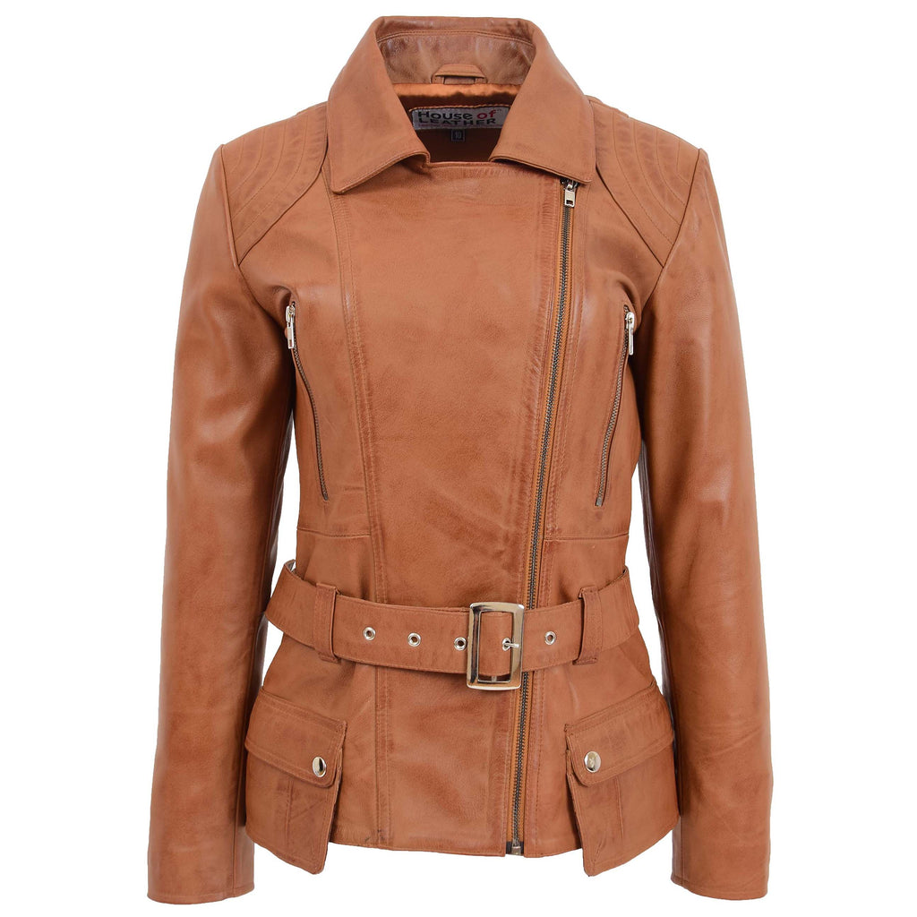 Womens Leather Hip Length Biker Jacket Celia Tan