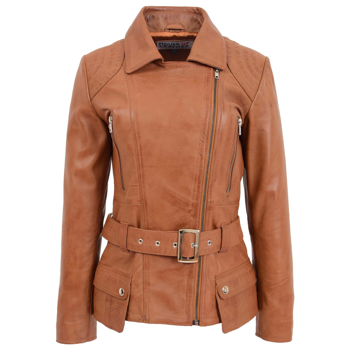 Womens Leather Hip Length Biker Jacket Celia Tan