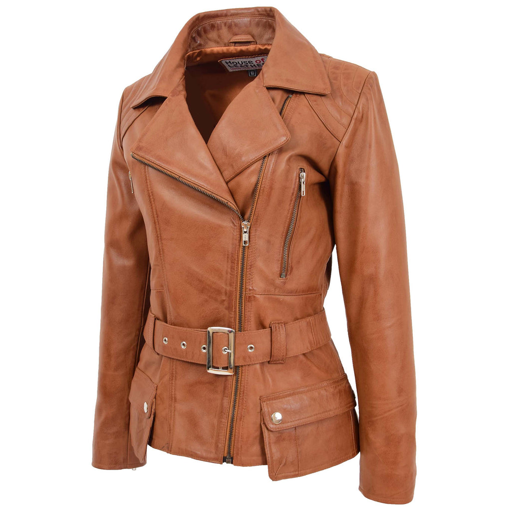 Womens Leather Hip Length Biker Jacket Celia Tan