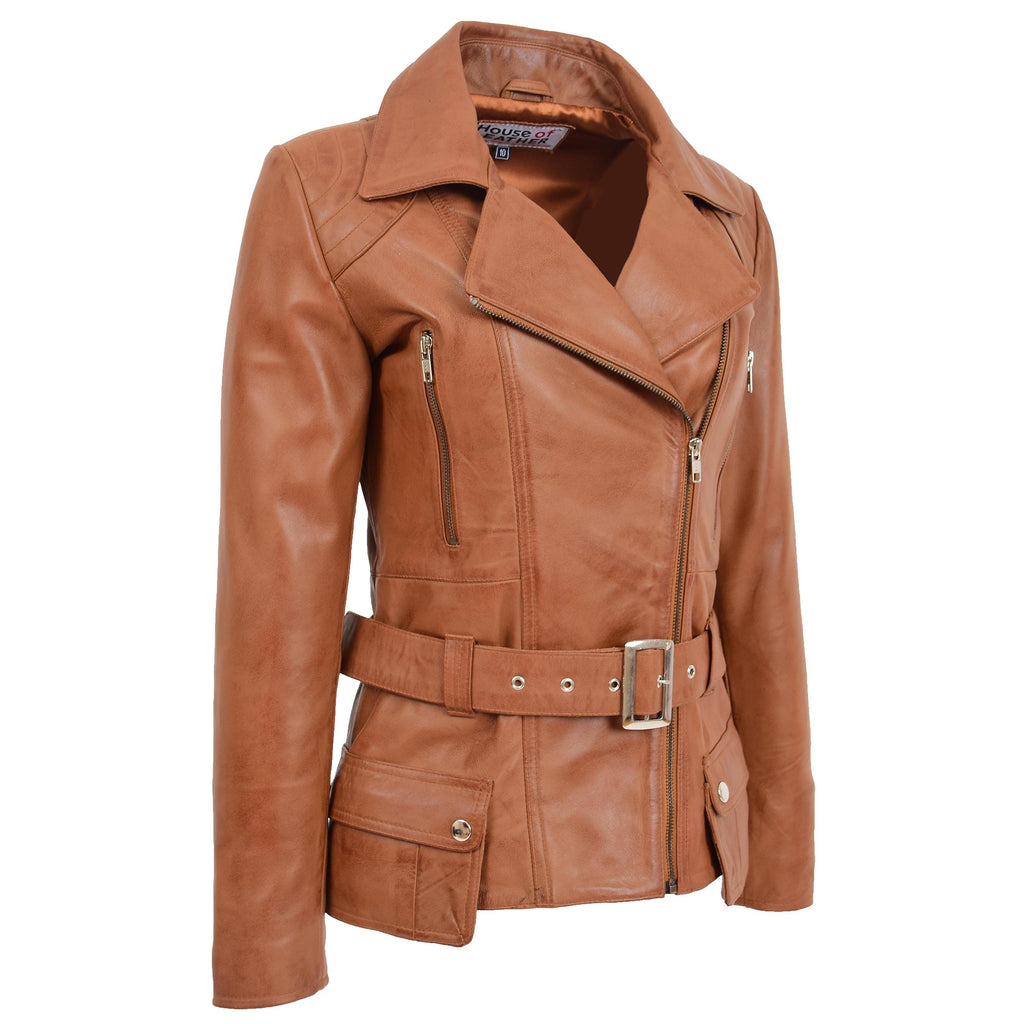 Womens Leather Hip Length Biker Jacket Celia Tan