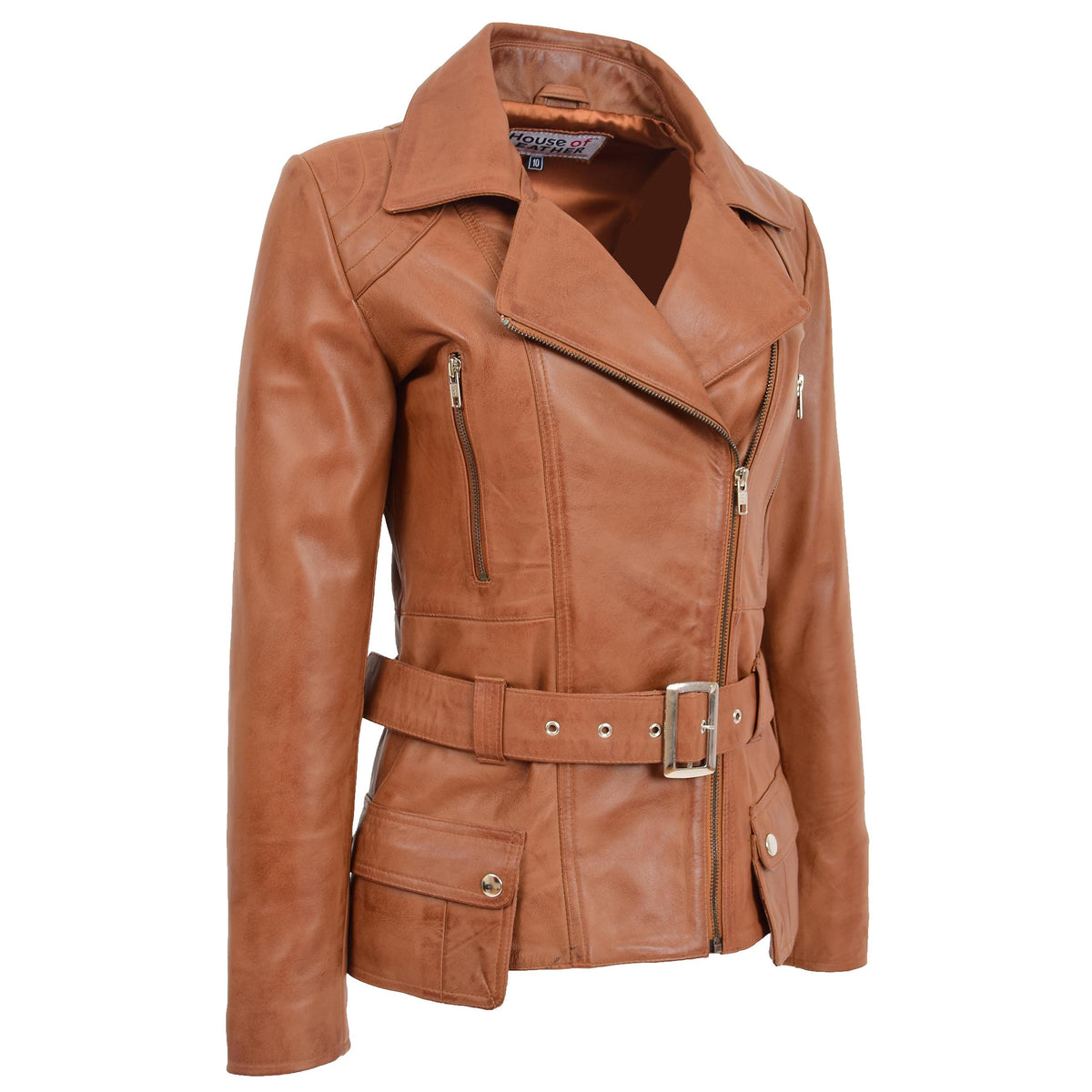 Womens Leather Hip Length Biker Jacket Celia Tan