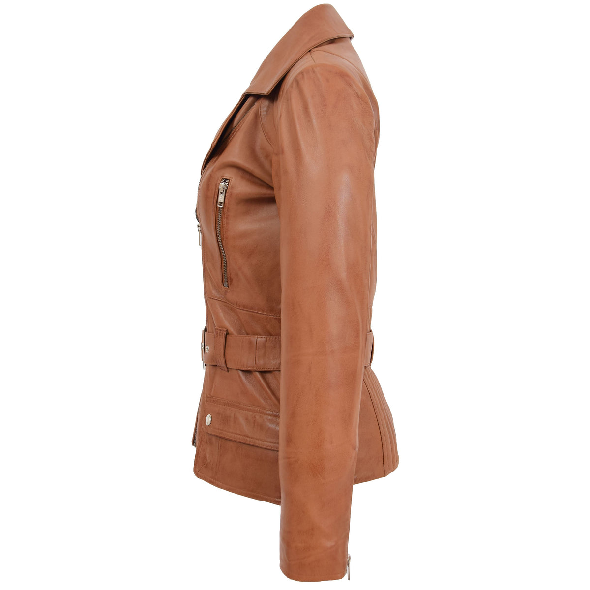 Womens Leather Hip Length Biker Jacket Celia Tan