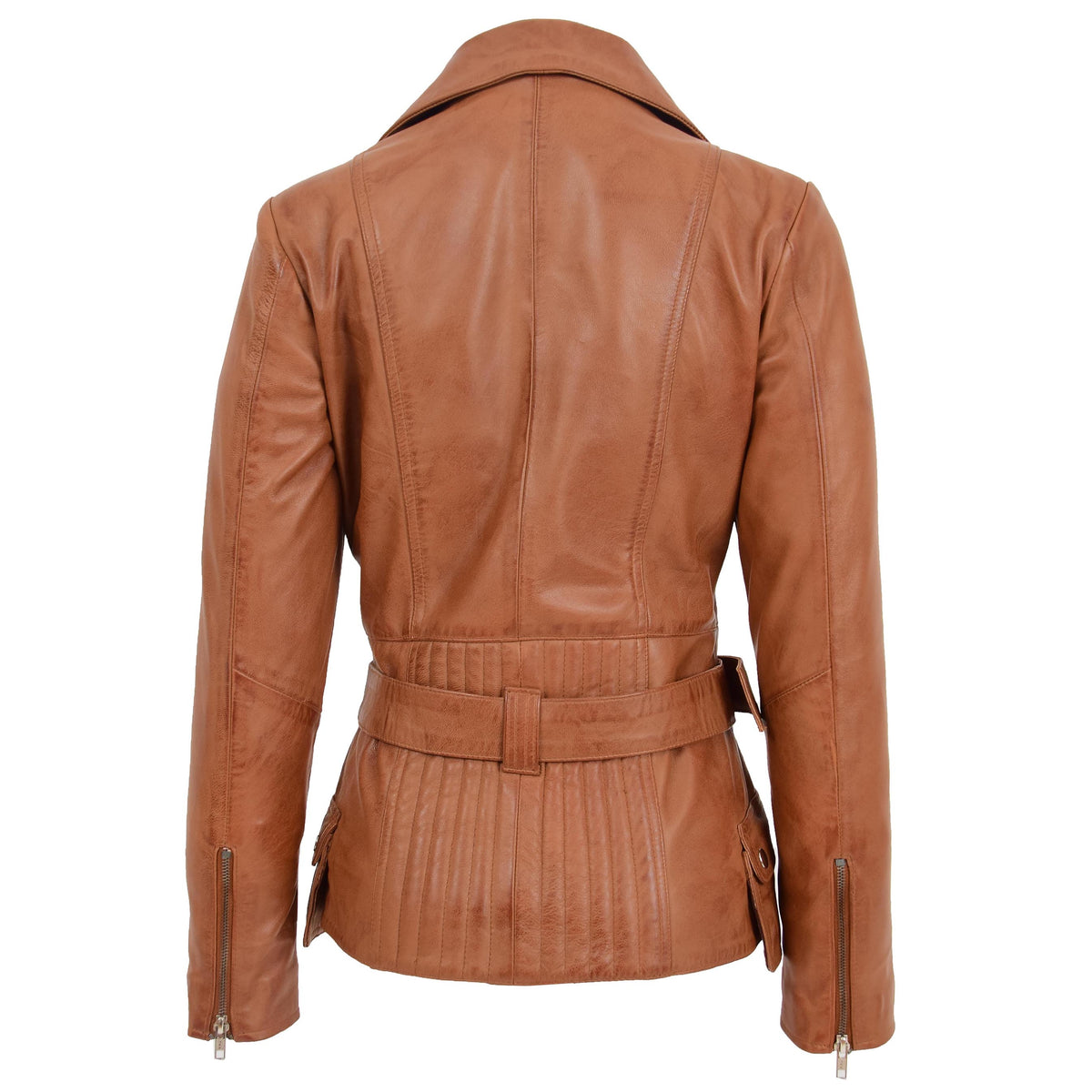 Womens Leather Hip Length Biker Jacket Celia Tan