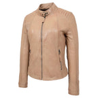 Womens Real Leather Classic Biker Jacket Sophia Beige
