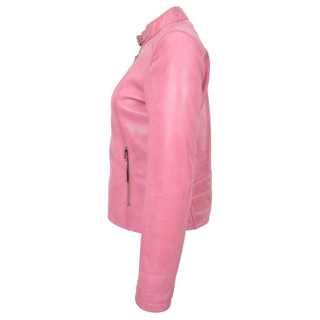 Womens Real Leather Classic Biker Jacket Sophia Baby Pink