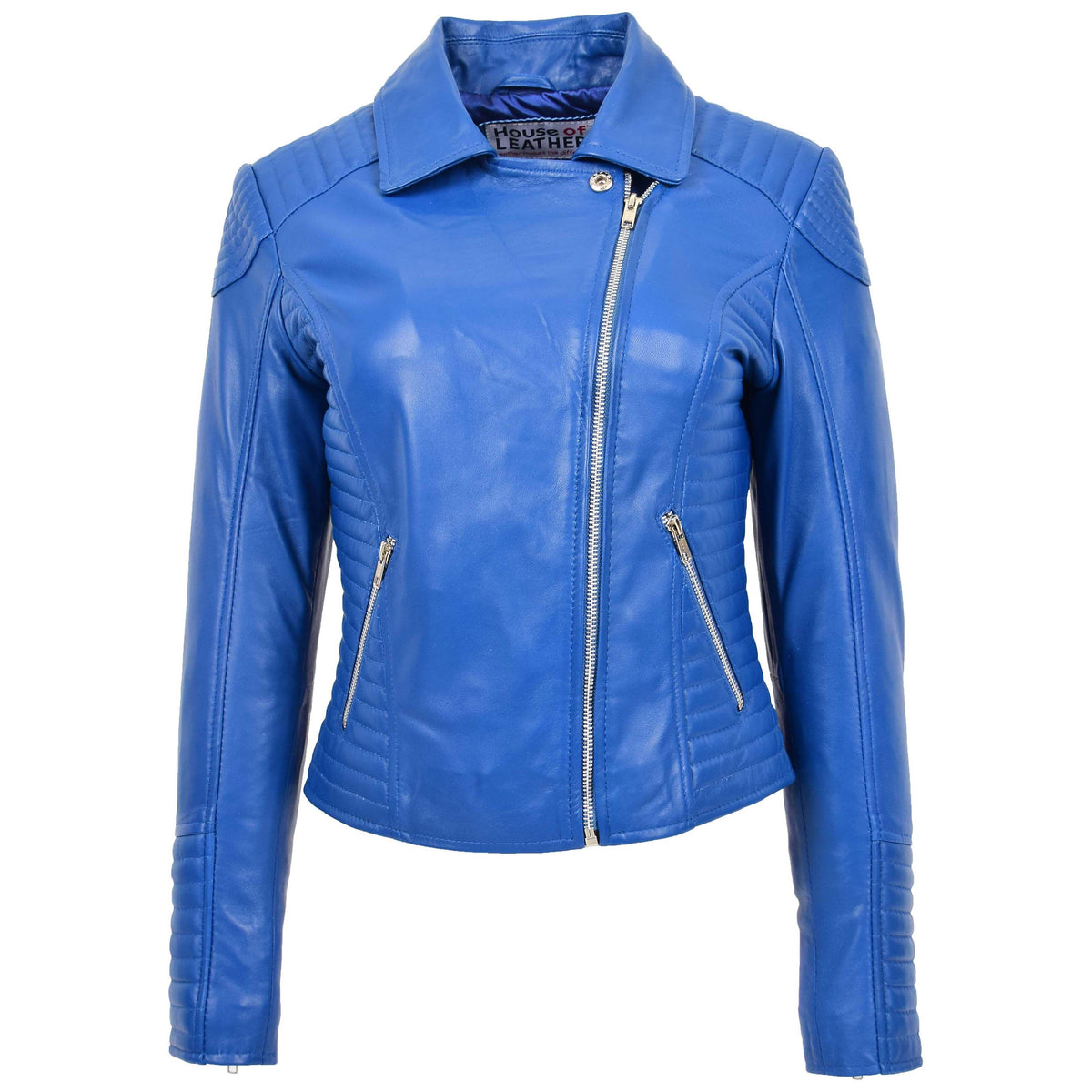 Womens Soft Leather Cross Zip Biker Jacket Anna Blue