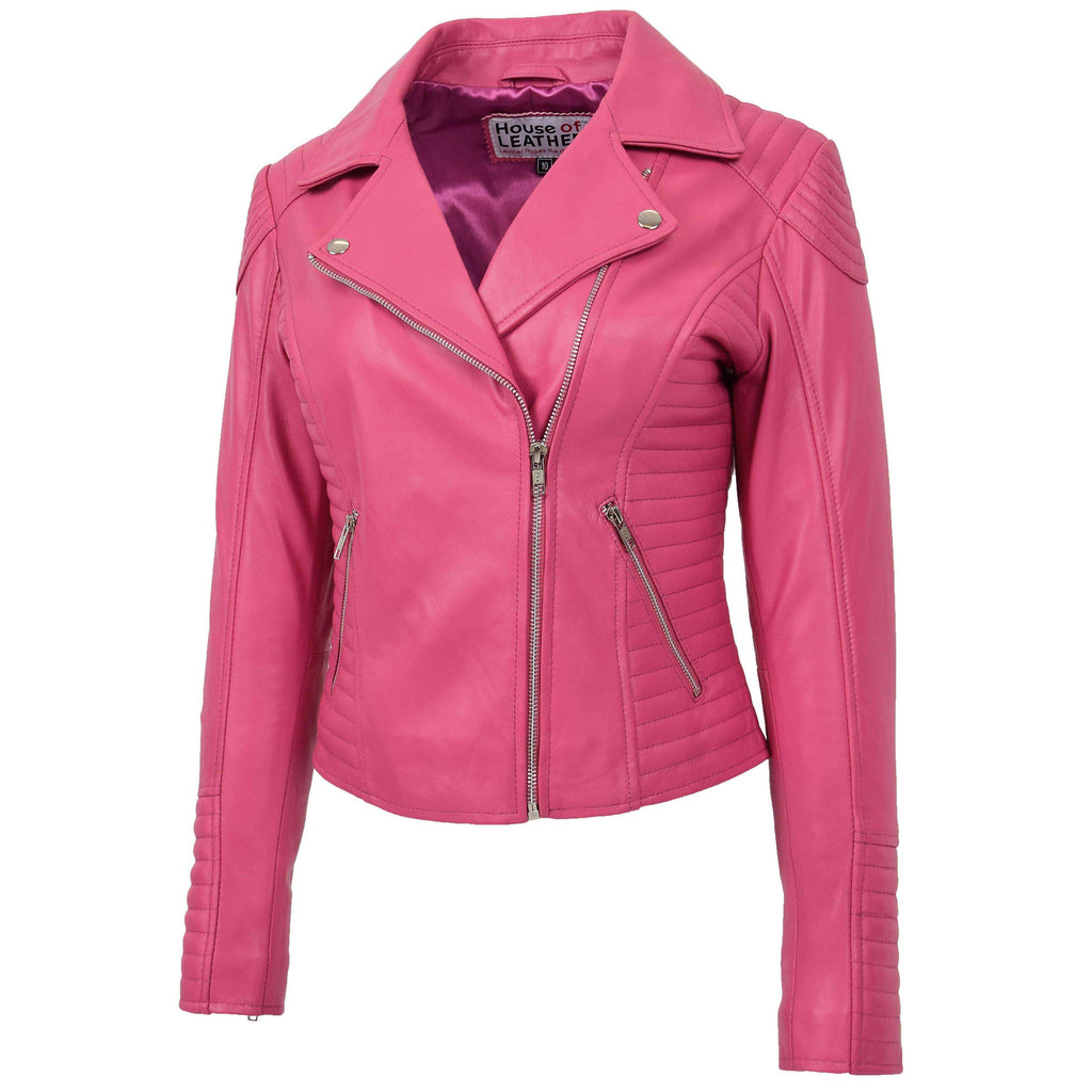 Womens Soft Leather Cross Zip Biker Jacket Anna Pink