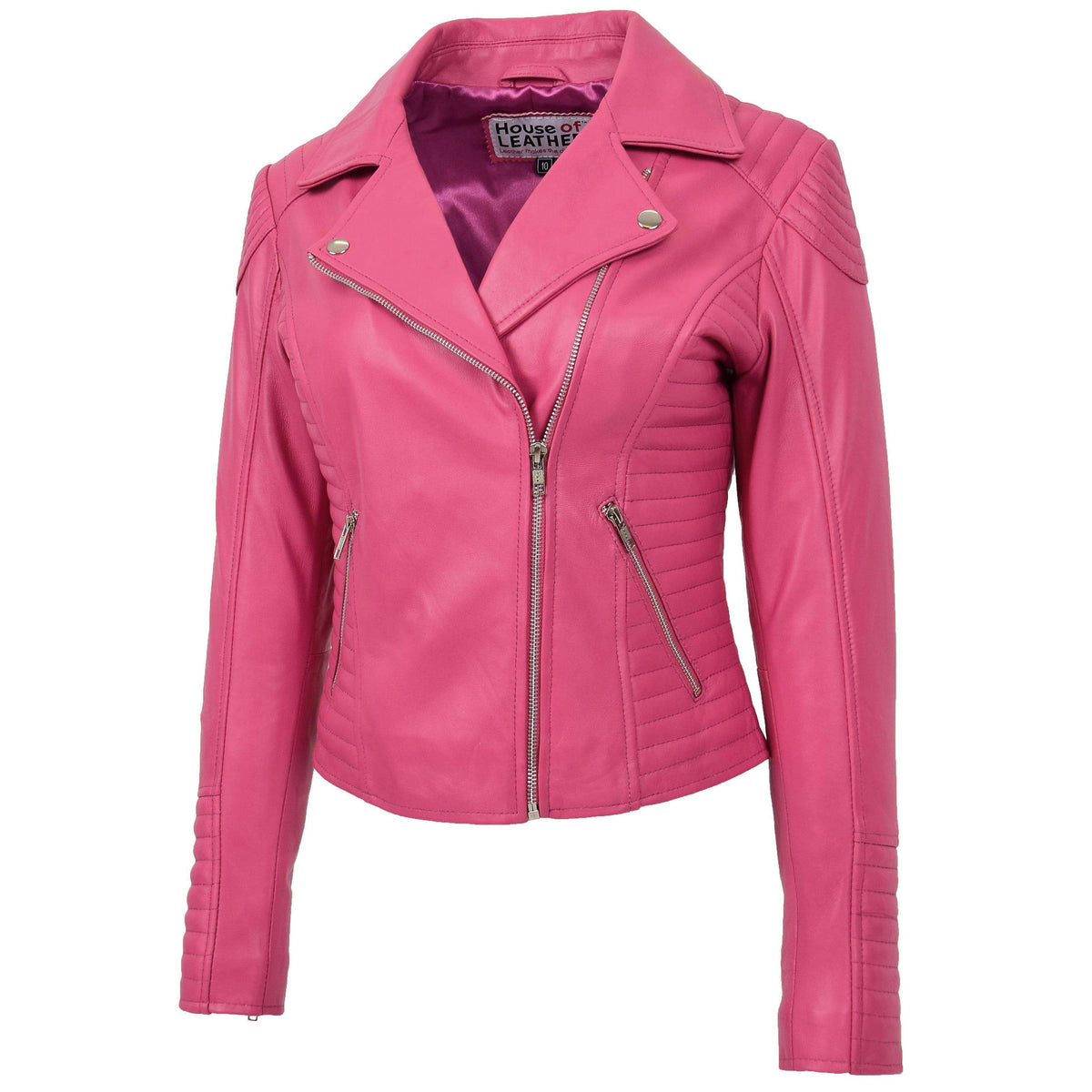 Womens Soft Leather Cross Zip Biker Jacket Anna Pink