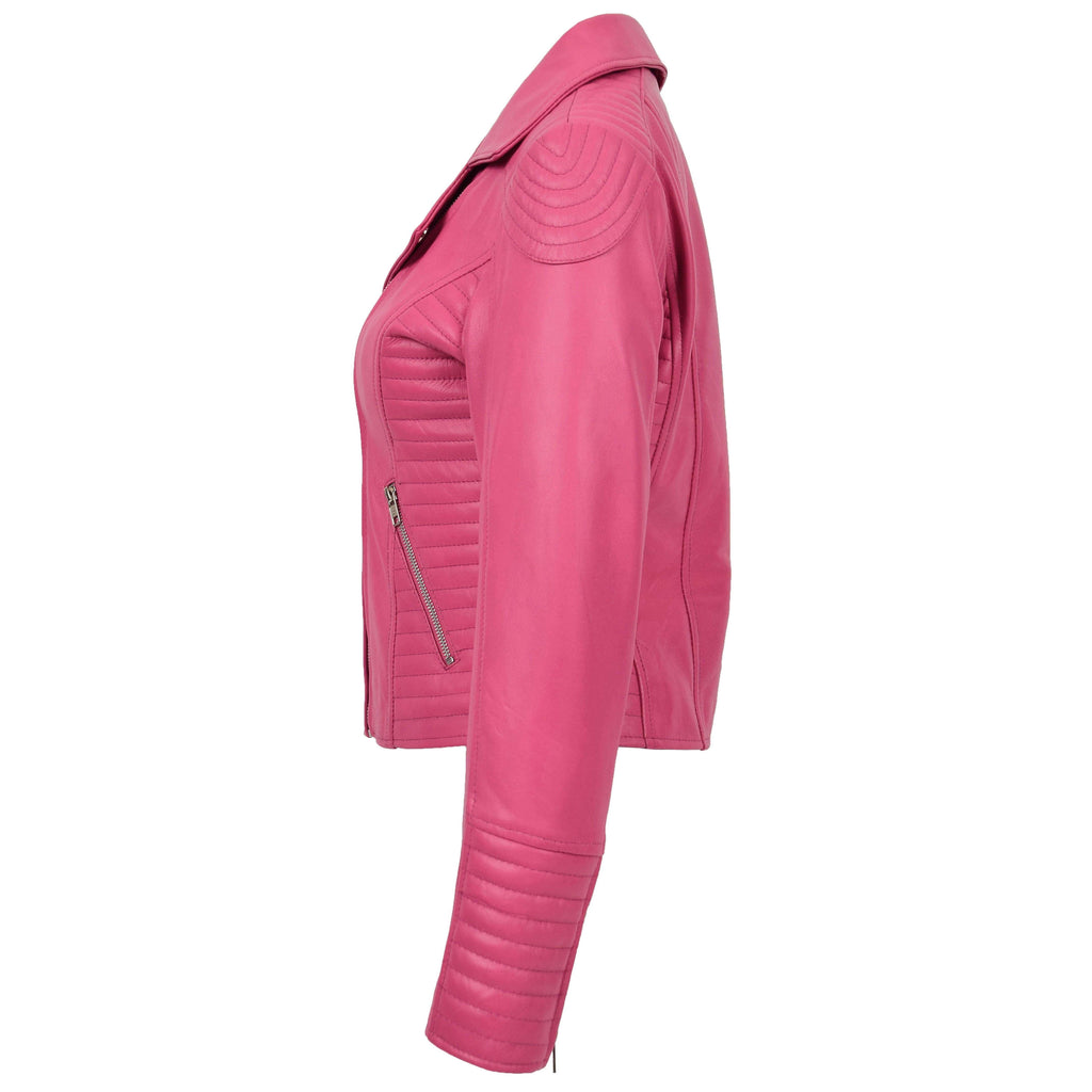Womens Soft Leather Cross Zip Biker Jacket Anna Pink