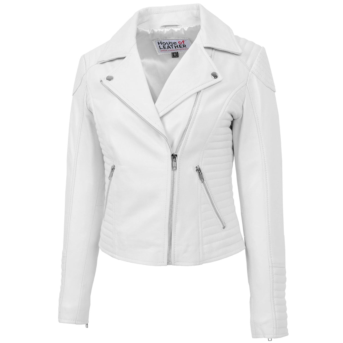 Womens Soft Leather Cross Zip Biker Jacket Anna White