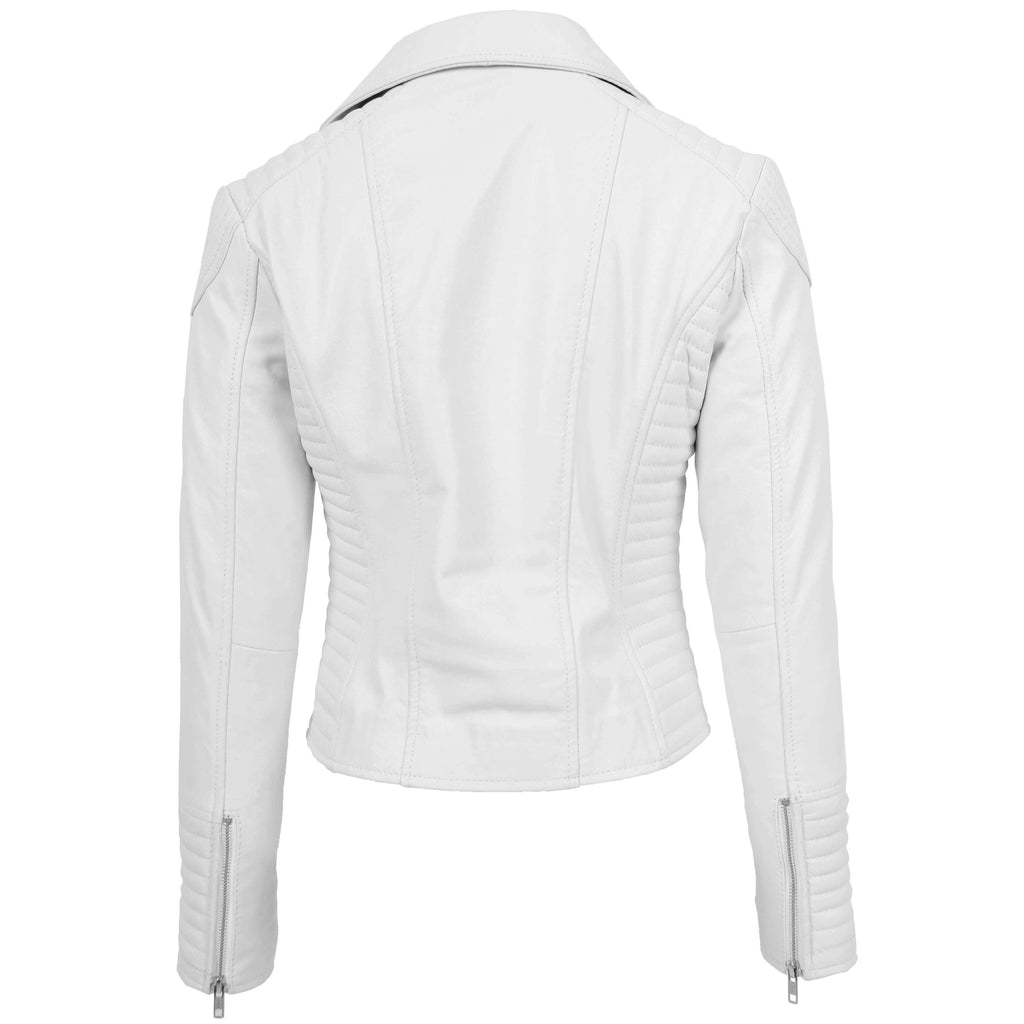 Womens Soft Leather Cross Zip Biker Jacket Anna White