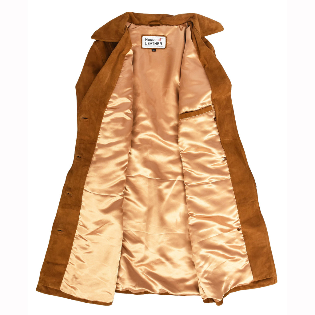 Women's Genuine Goat Suede Trench Coat, 3/4 Length, Button Front with Belt Foxy Cognac