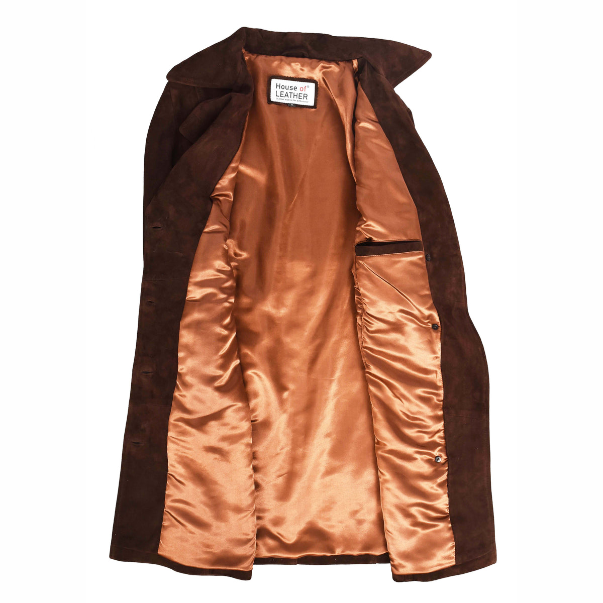 Women's Genuine Goat Suede Trench Coat, 3/4 Length, Button Front with Belt Foxy Rust Brown