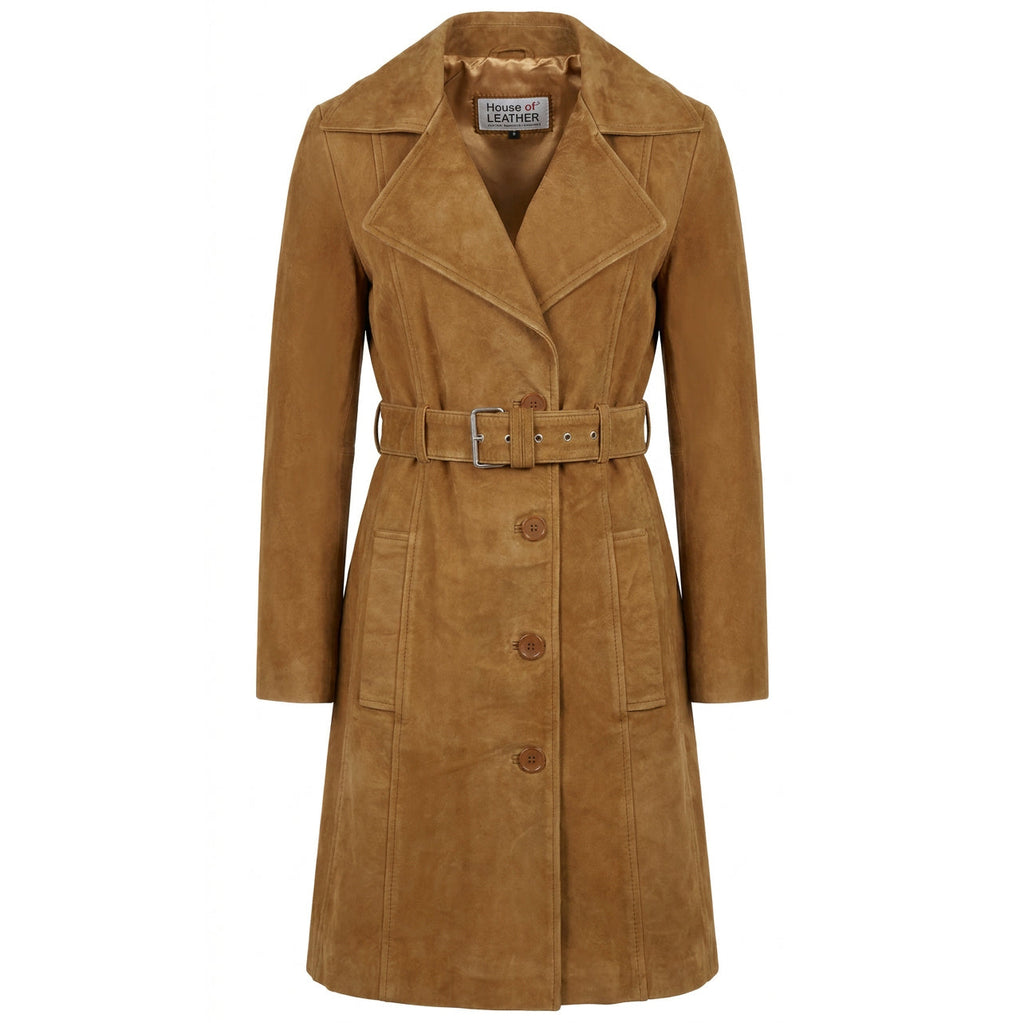 Women's Genuine Goat Suede Trench Coat, 3/4 Length, Button Front with Belt Foxy Cognac