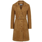 Women's Genuine Goat Suede Trench Coat, 3/4 Length, Button Front with Belt Foxy Cognac