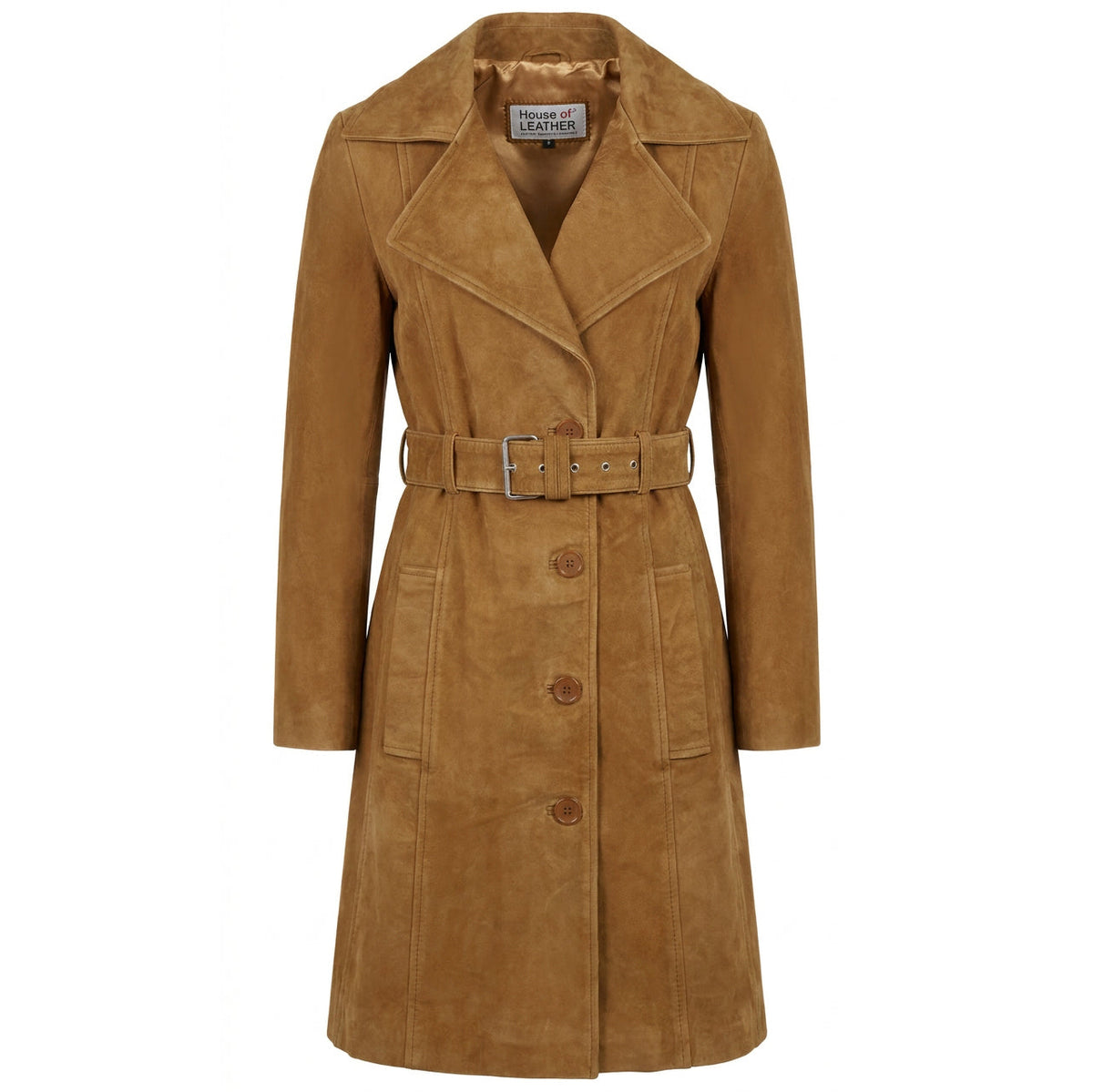 Women's Genuine Goat Suede Trench Coat, 3/4 Length, Button Front with Belt Foxy Cognac