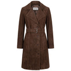 Women's Genuine Goat Suede Trench Coat, 3/4 Length, Button Front with Belt Foxy Rust Brown