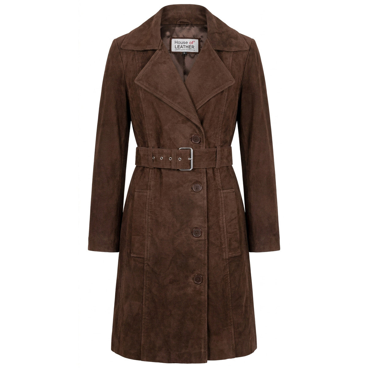 Women's Genuine Goat Suede Trench Coat, 3/4 Length, Button Front with Belt Foxy Rust Brown