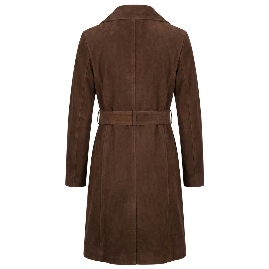 Women's Genuine Goat Suede Trench Coat, 3/4 Length, Button Front with Belt Foxy Rust Brown