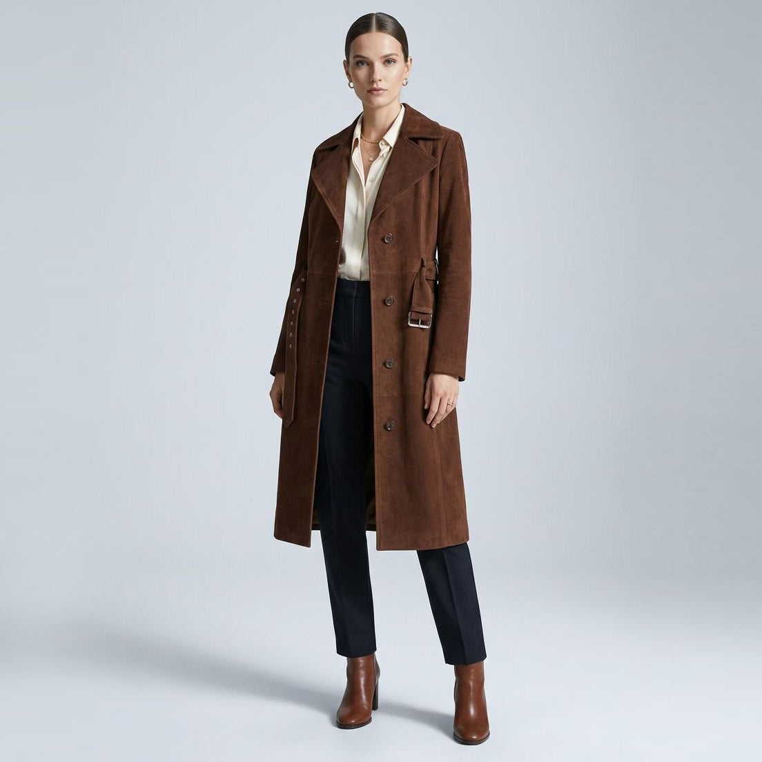 Women's Genuine Goat Suede Trench Coat, 3/4 Length, Button Front with Belt Foxy Rust Brown