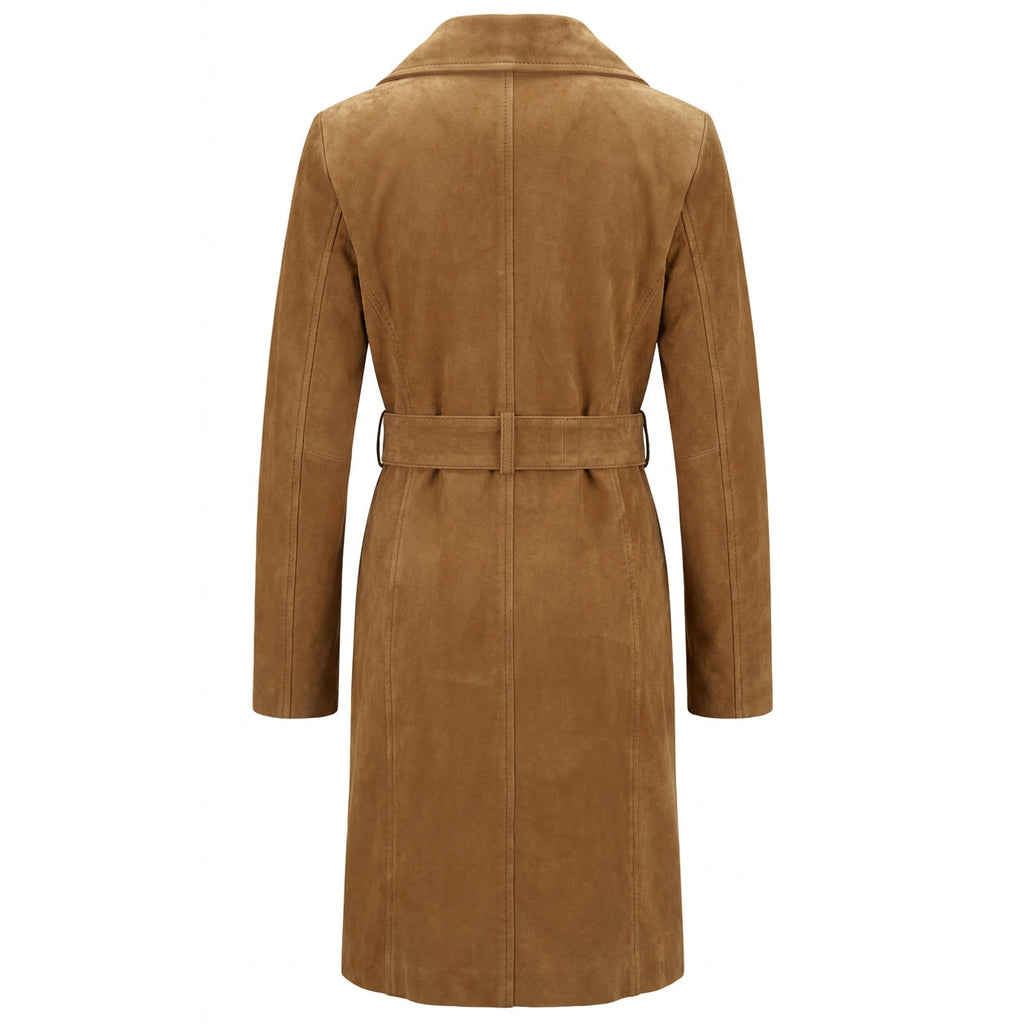 Women's Genuine Goat Suede Trench Coat, 3/4 Length, Button Front with Belt Foxy Cognac