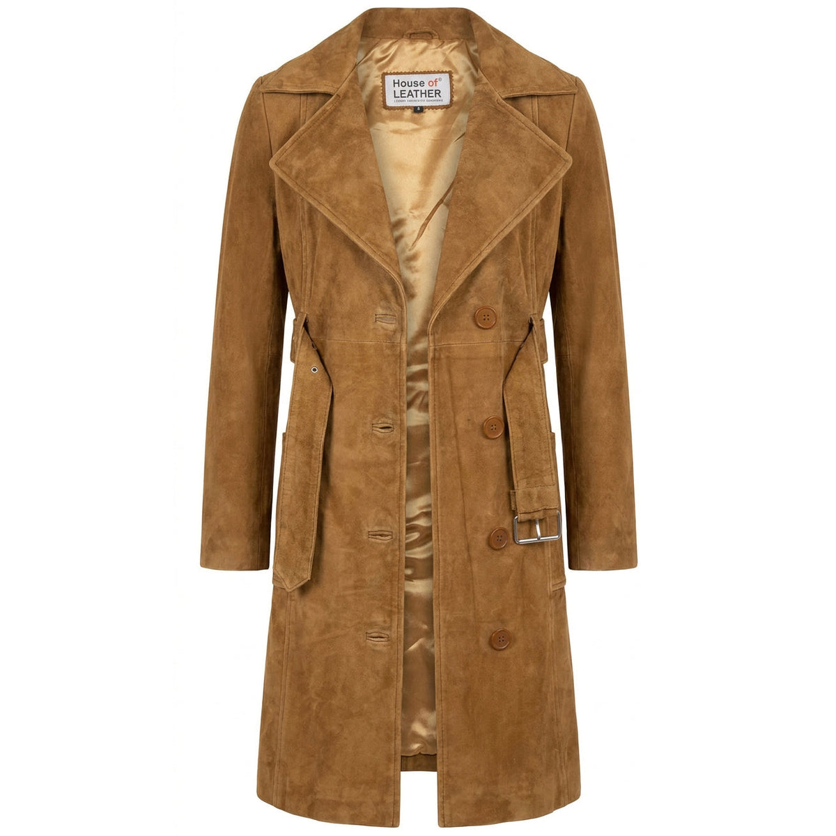 Women's Genuine Goat Suede Trench Coat, 3/4 Length, Button Front with Belt Foxy Cognac