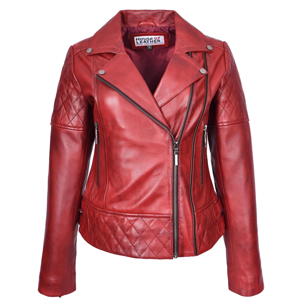 Women's Real Leather Jacket Multi Cross Zip Biker Style Fitted Quilted Nixi Burnish Red
