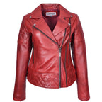 Women's Real Leather Jacket Multi Cross Zip Biker Style Fitted Quilted Nixi Burnish Red