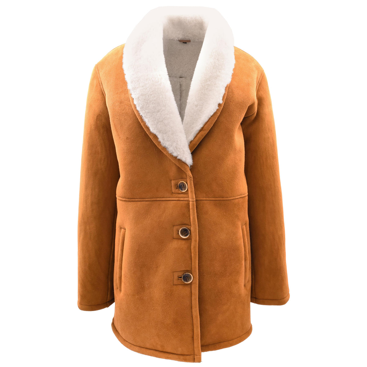 Womens Cognac Sheepskin Coat Mid Length White Merino Brenda