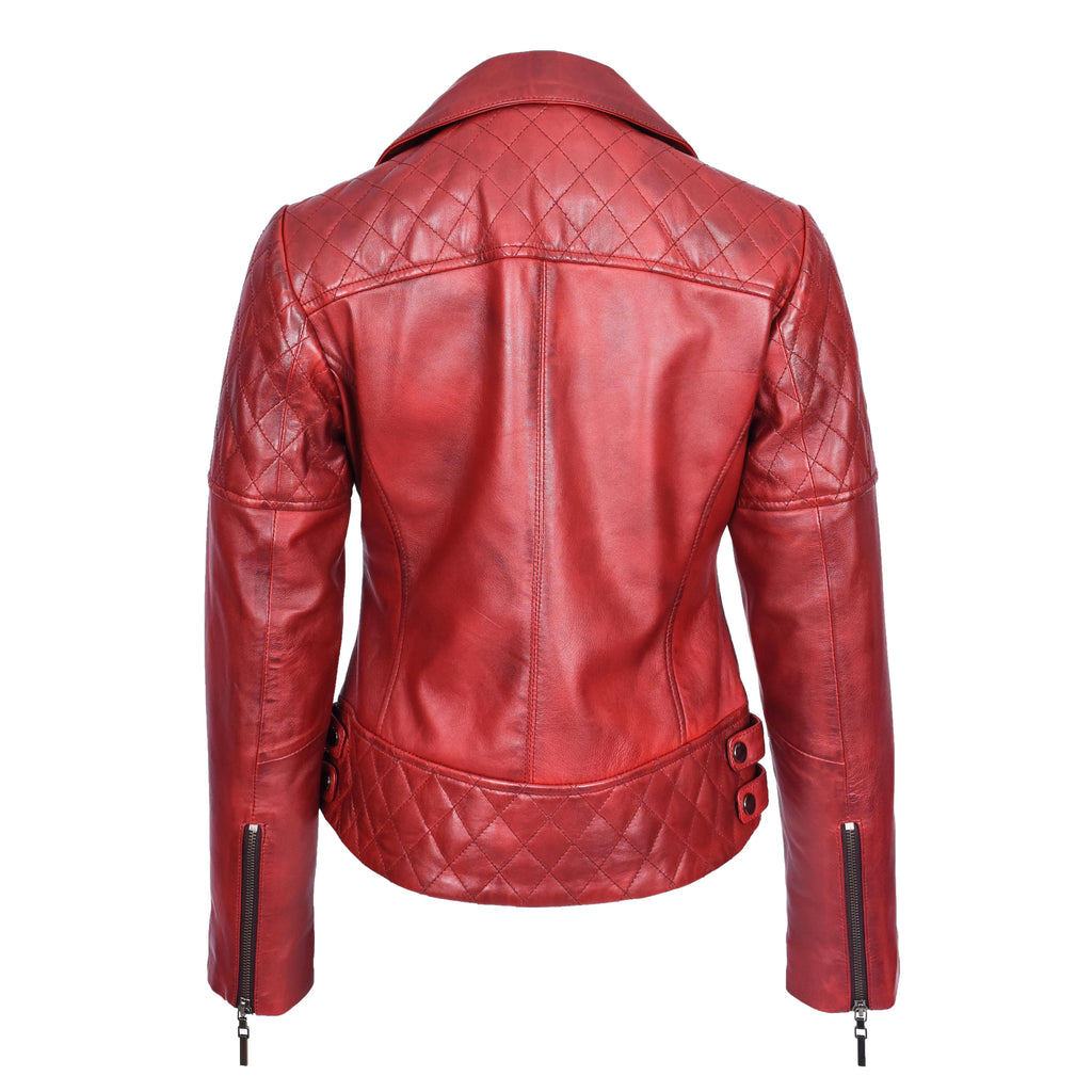 Women's Real Leather Jacket Multi Cross Zip Biker Style Fitted Quilted Nixi Burnish Red