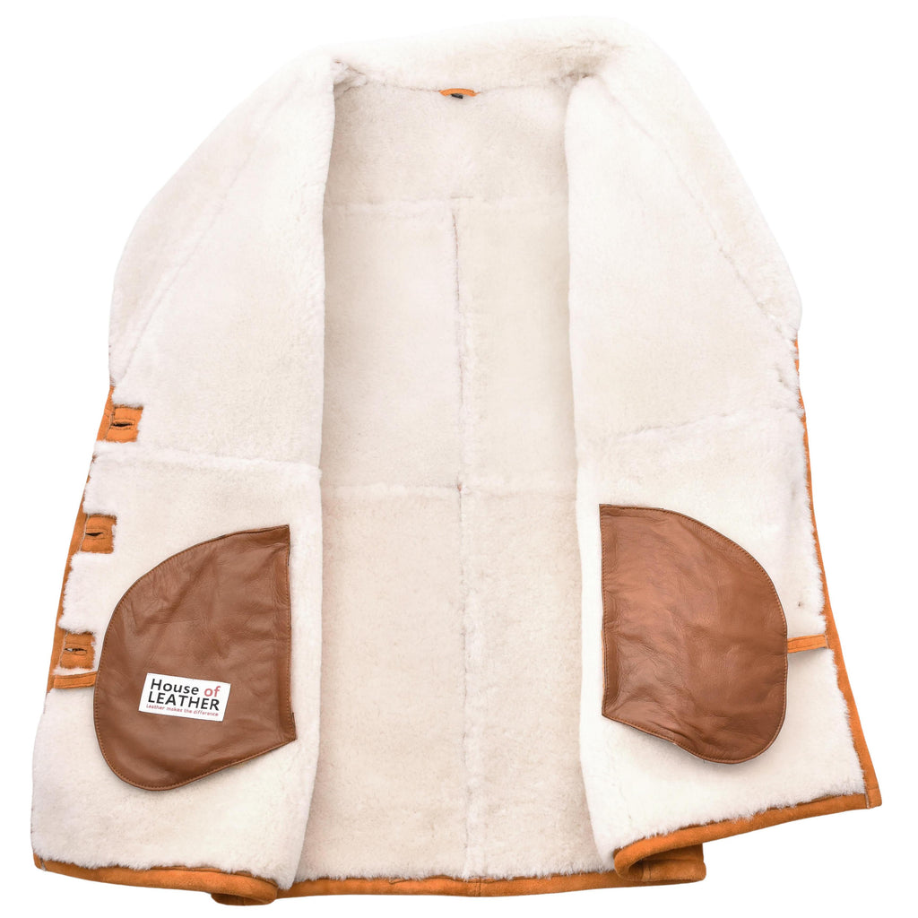 Womens Cognac Sheepskin Coat Mid Length White Merino Brenda