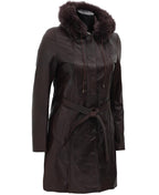 Dark Brown Leather Coat for Women With Removable Fur Hood