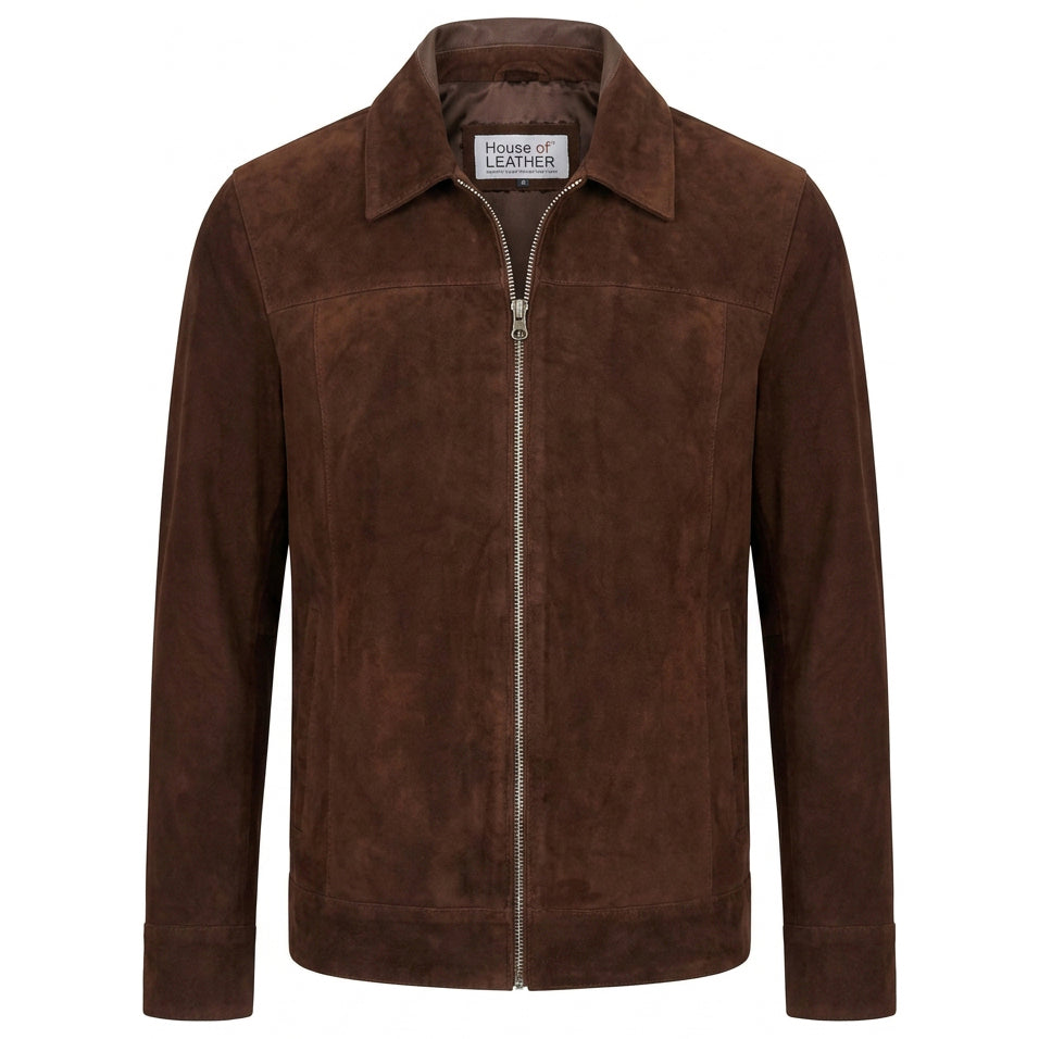 Mens Real Goat Suede Jacket Classic Zip Box Style Larry Rust Brown