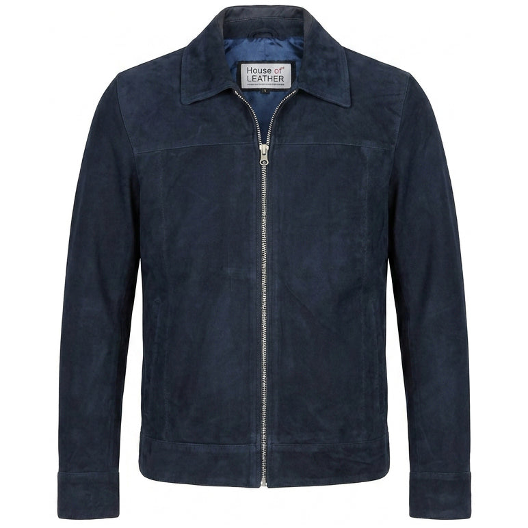 Mens Real Goat Suede Jacket Classic Zip Box Style Larry Navy