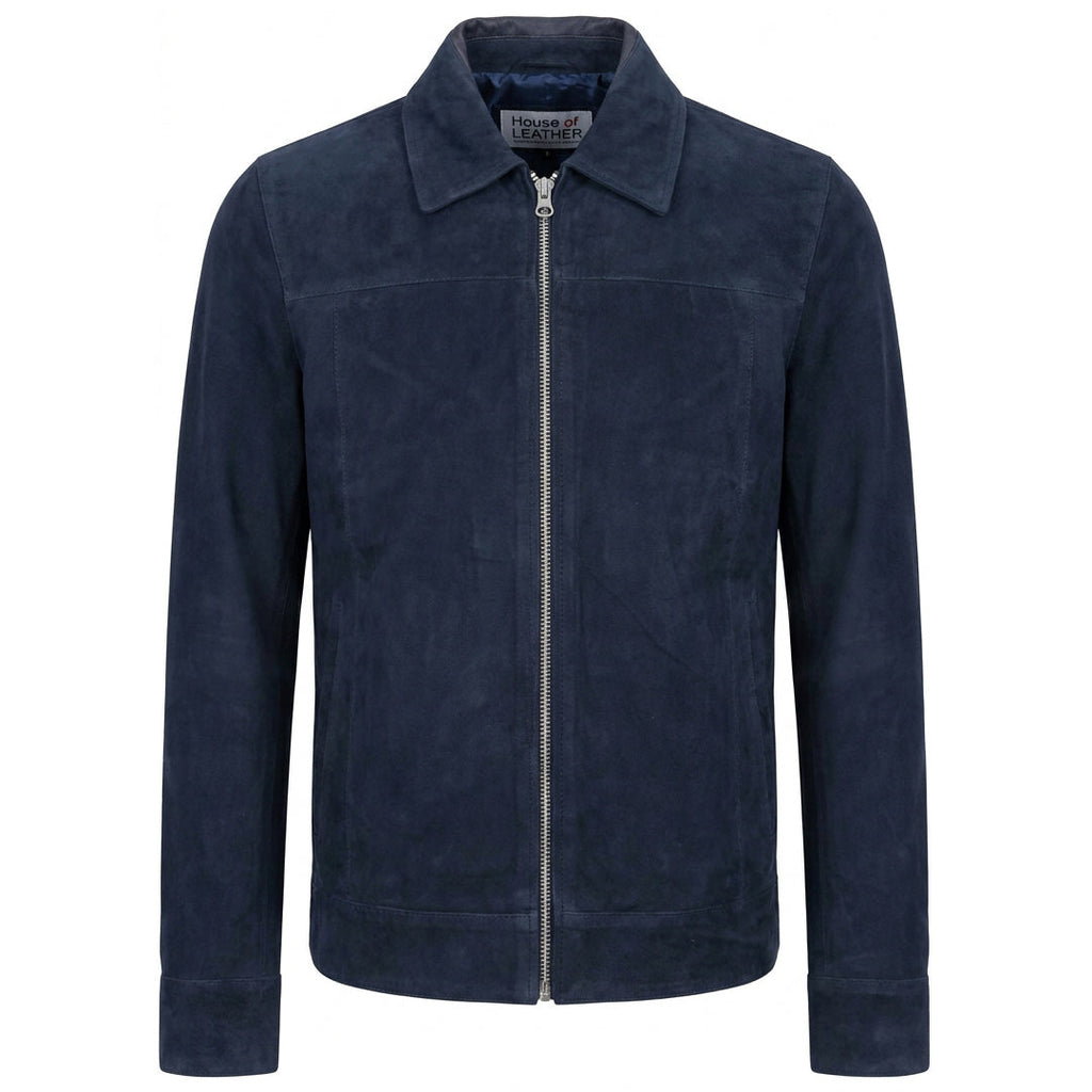 Mens Real Goat Suede Jacket Classic Zip Box Style Larry Navy