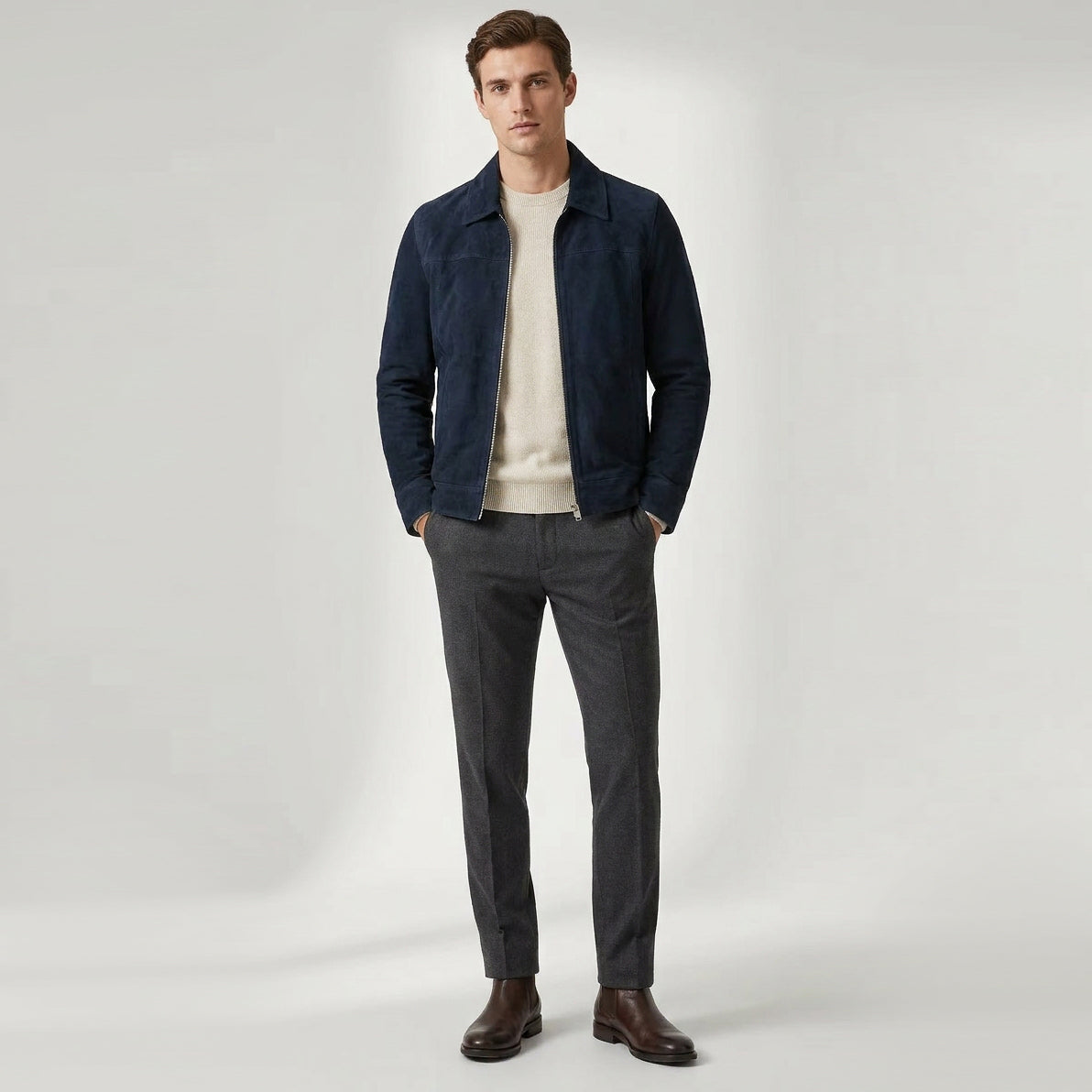 Mens Real Goat Suede Jacket Classic Zip Box Style Larry Navy