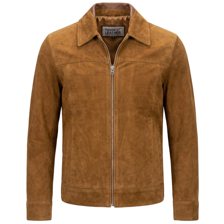 Mens Real Goat Suede Jacket Classic Zip Box Style Larry Cognac