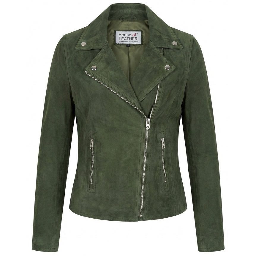 Women's Genuine Goat Suede Biker Jacket Lola Olive Green