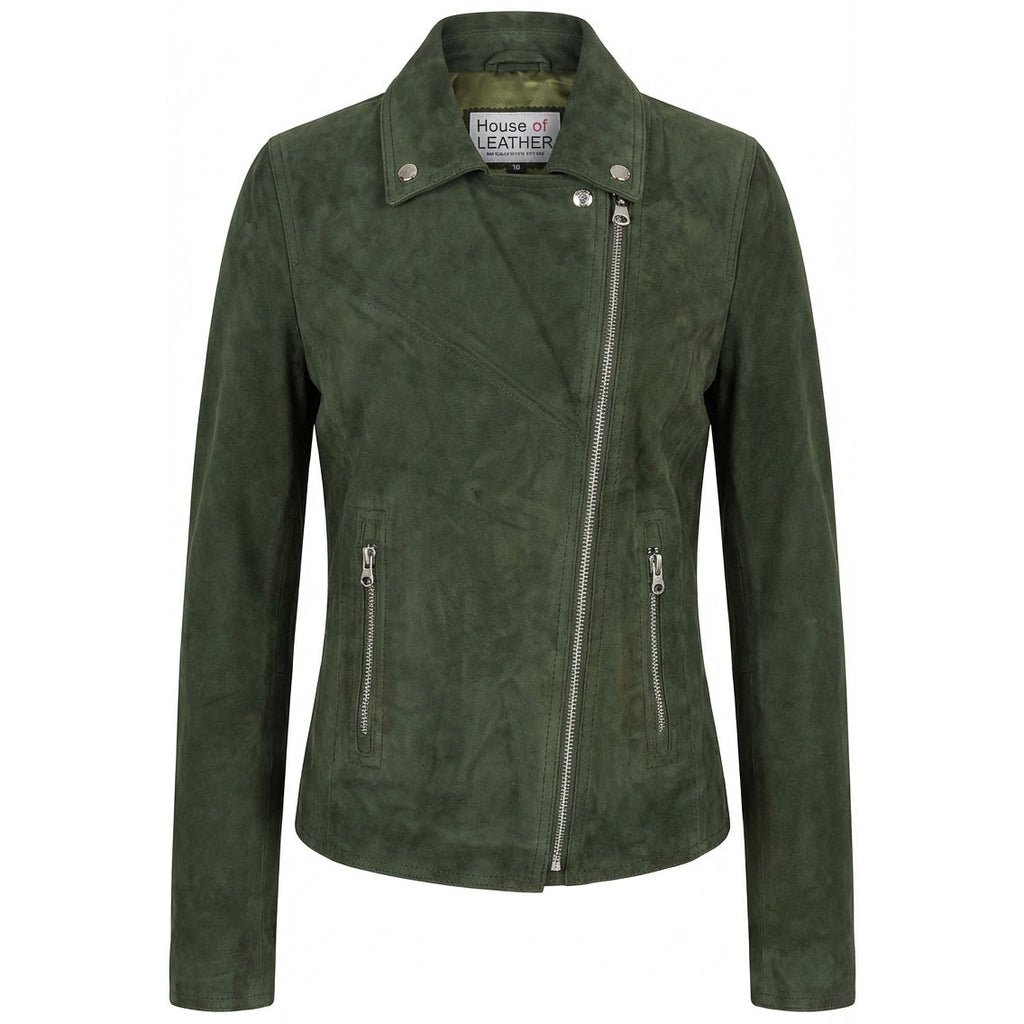 Women's Genuine Goat Suede Biker Jacket Lola Olive Green
