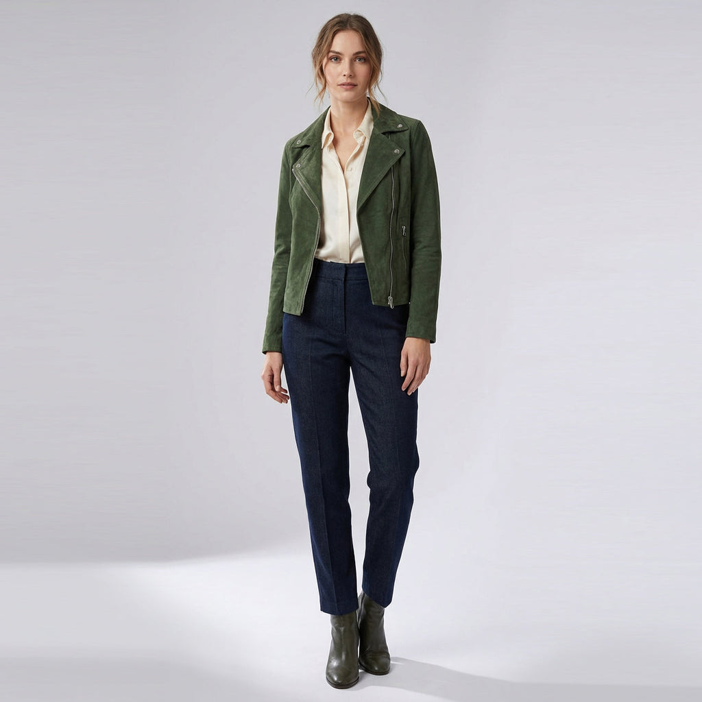 Women's Genuine Goat Suede Biker Jacket Lola Olive Green