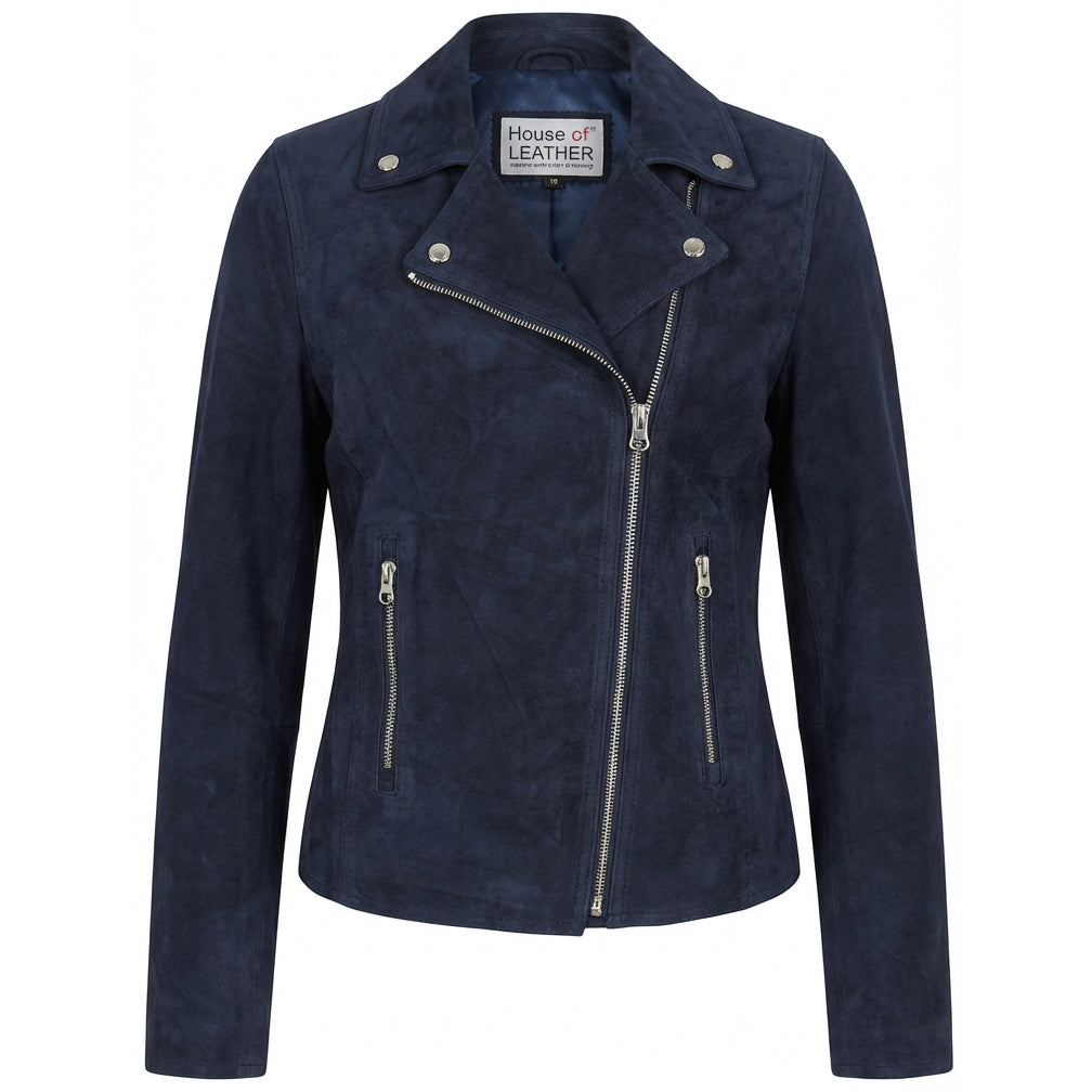Women's Genuine Goat Suede Biker Jacket Lola Navy Blue