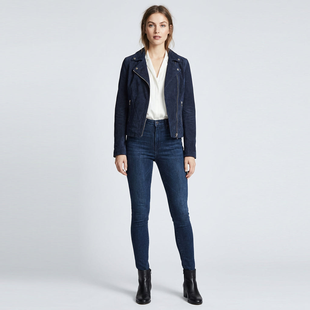 Women's Genuine Goat Suede Biker Jacket Lola Navy Blue