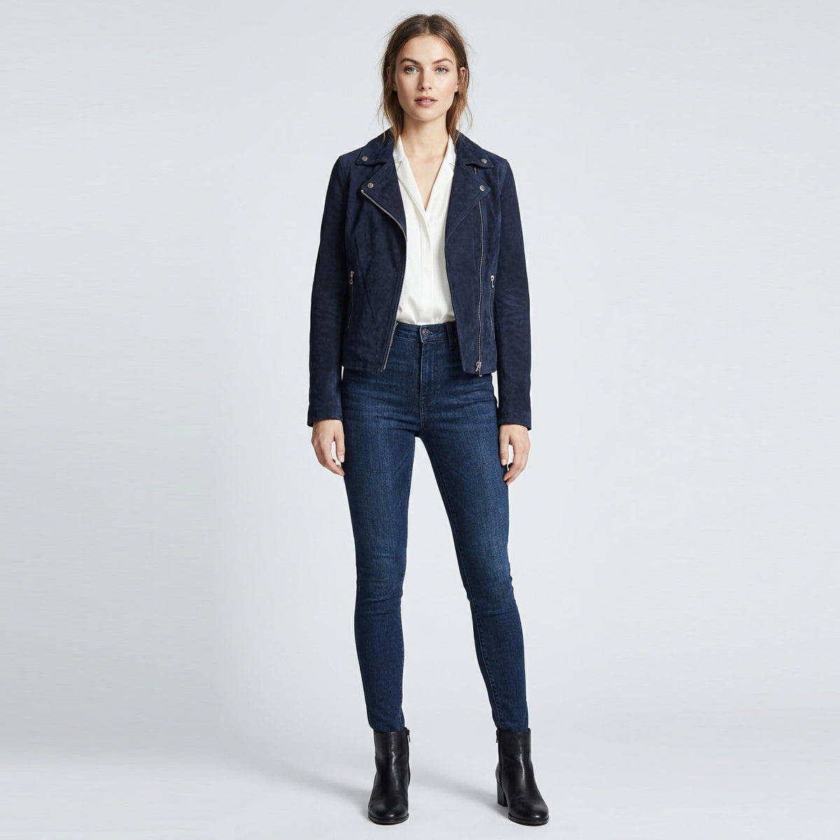 Women's Genuine Goat Suede Biker Jacket Lola Navy Blue