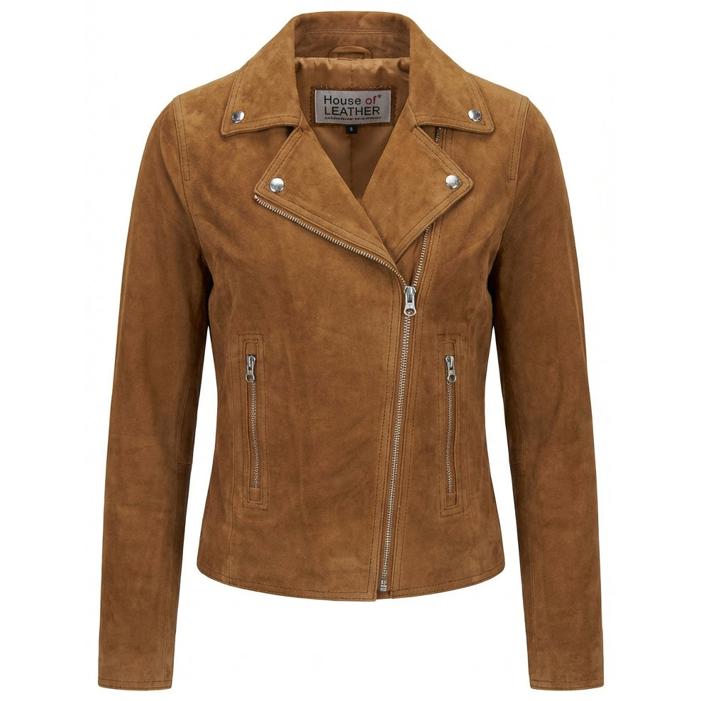 Women's Genuine Goat Suede Biker Jacket Lola Cognac