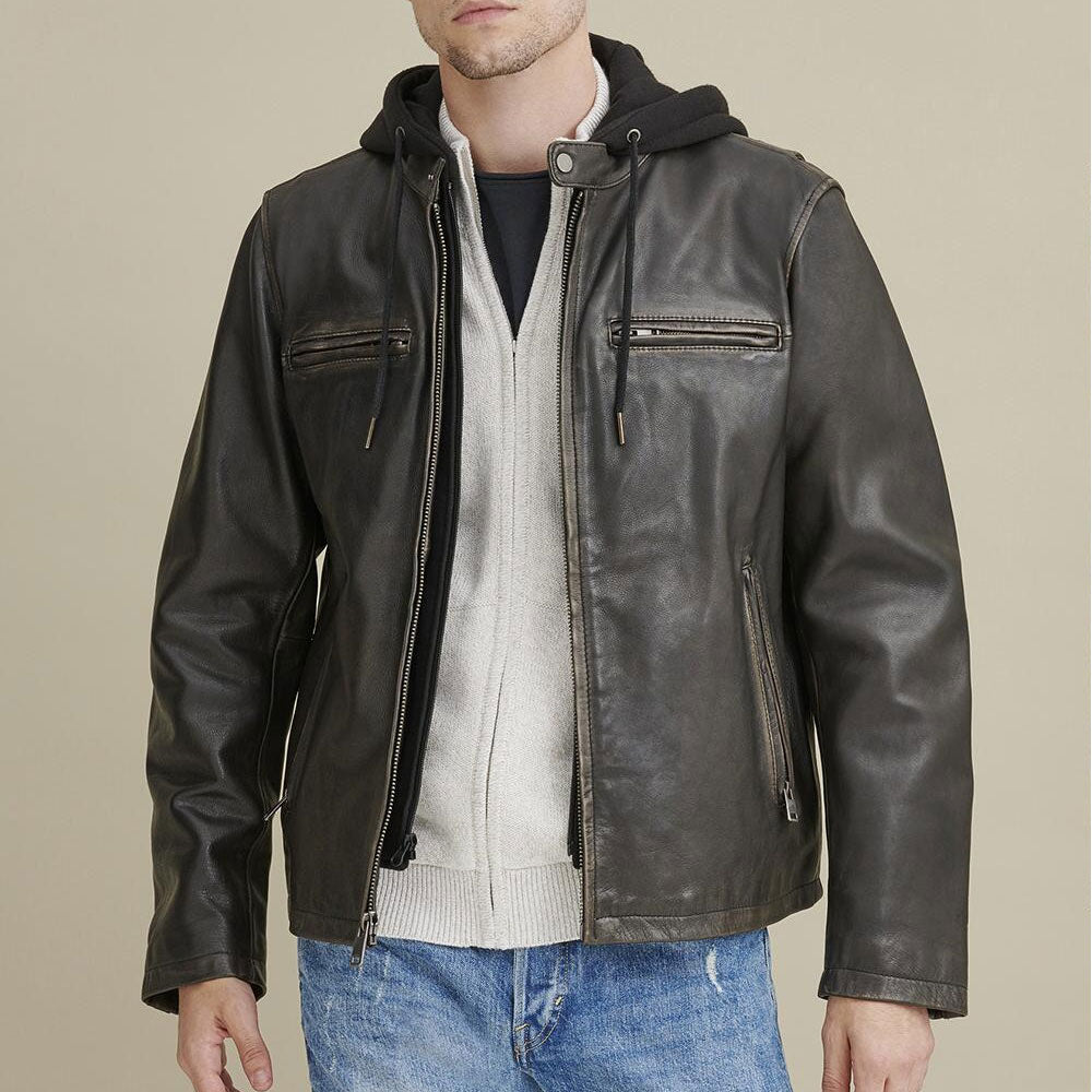 Mens Hooded Biker Leather Jacket