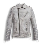 Chrome White Waxed Biker Leather Motorcycle Jacket
