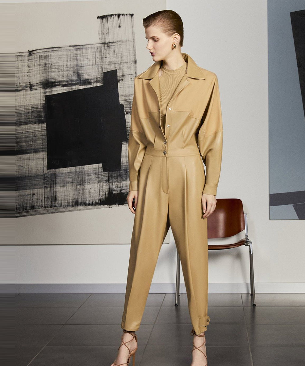Light Brown Women's One Piece Leather Dress Jumpsuit