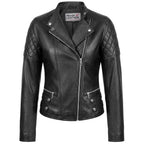 Womens Real Leather Biker Jacket Classic Cross Zip Style Molly Black
