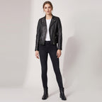 Womens Real Leather Biker Jacket Classic Cross Zip Style Molly Black