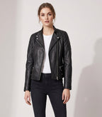 Womens Real Leather Biker Jacket Classic Cross Zip Style Molly Black